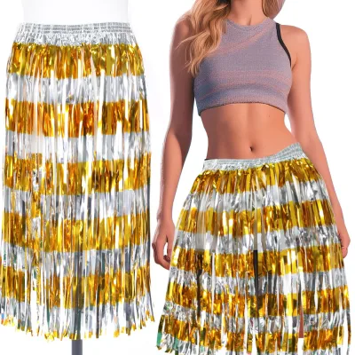New 60cm Gold Silver Color Block Rain Silk Skirt Party Decorations for Dance Performance Costume Rain Silk Fringe Grass Skirt