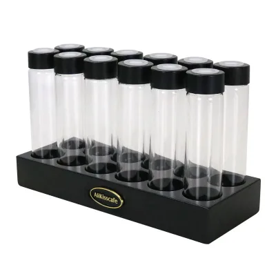 Customize 12 Holes Wooden Flower Tea Display Glass Bottle Packaging Stand Airtight Sealed Glass Coffee Bean Storage Tube