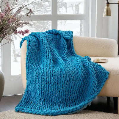 Camping Home Decor Soft Cozy 100% Hand-Woven Luxurious Lake Blue Chenille Chunky Throw Blanket for All Seasons