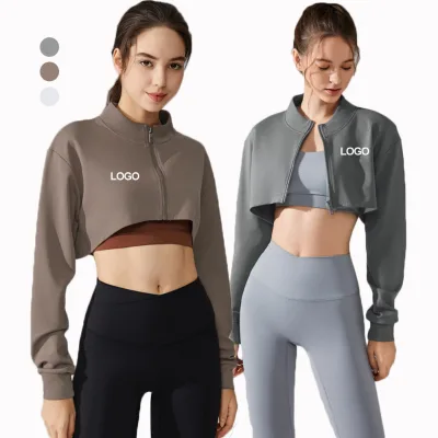 Joyyoung Lapel Plunging Neckline Half Bodysuit Zip Small Cardigan Short Jacket Tennis Long-Sleeved Sports Tops