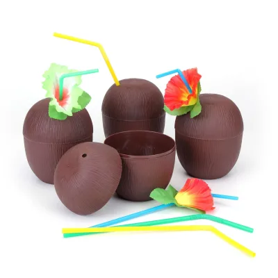 Hawaii Party Decoration Coconut Cup Pineapple Cup with Hibiscus Flower Straw with FDA Test Certificate