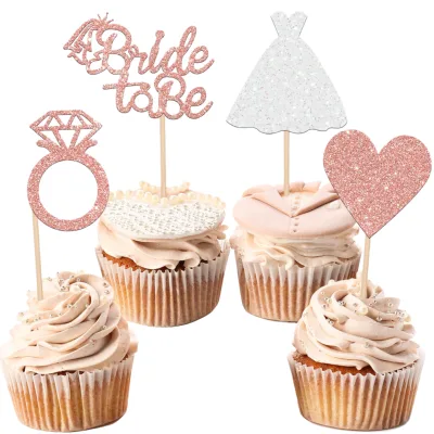 24 PCS Bride Be Glitter Heart Cupcake Toppers 5.8cm for Wedding Engagement Bachelorette Party Supplies Rose Gold