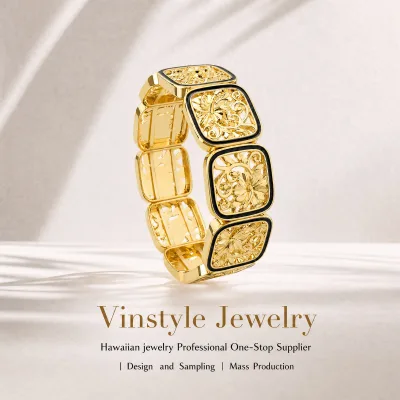 Hawaiian Jewelry Square Hollow Floral Enamel Stretch Bracelet Die Cast Craft Gold Plated Hawaii Women Bangle