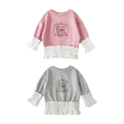 Printed Splicing Lace Off-Shoulder T-shirt Children's Simple and Comfortable Ribbed Round Neck Loose Shirt