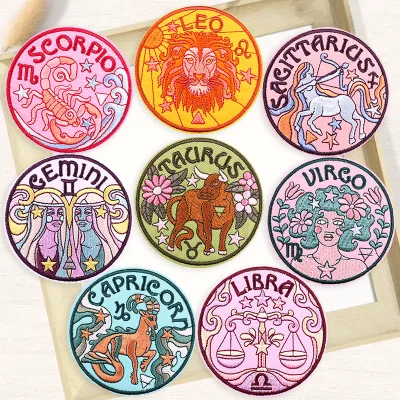 Colorful Twelve Zodiac Sign Embroidery Badge Iron Flowers Patches Cute Badge Patch for Clothing