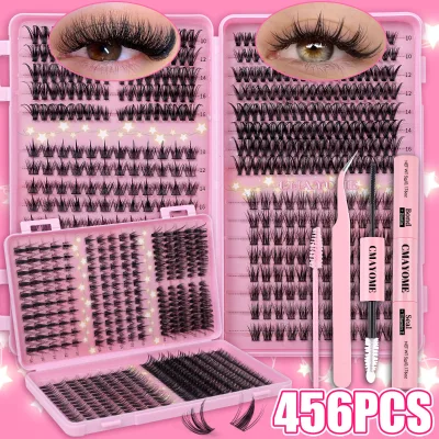 Wholesale 456Pcs DIY Lash Extension Kit with Bond and Seal Tweezer Mega Pack Wispy Volume Cluster Eyelashes Private Label