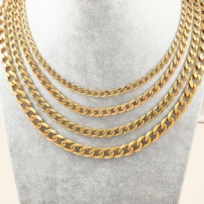 Stainless Steel Cuban Link Chain Necklace, Golden & Silvery PVD Plated Flat Interlocking Choker