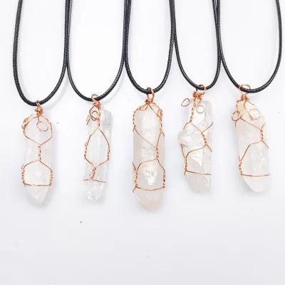 DIY Irregular clear Quartz Gold Copper Wire Winding Pendant Popular Fashion Leather Rope Necklace Accessories
