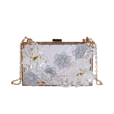 Sumer Transparent PVC Jelly Evening Bag 2026 New Style Sweet Girl Pearl Shoulder Handbag Floral Acrylic Chain Crossbody Bags