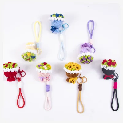 Yarn Crochet Handheld Flower Keychain Cute Artificial Flower Keychain Girls Bag Plush Pendant