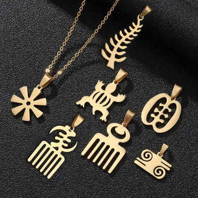 Stainless Steel African Map Symbol Pendant Necklaces Gold Plated Adinkra Gye Nyame Ethnic Jewelry