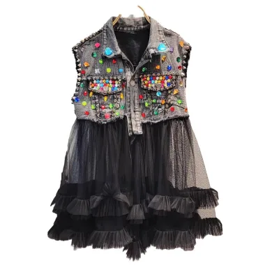 Customized Heavy Beading Denim Jacket Splicing Mesh Vest Retro Cardigan Jacket for Kids