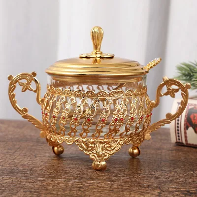Creative European-style Light Luxury Home Exquisite Hollow Transparent Glass Sugar Seasoning Jar Stock