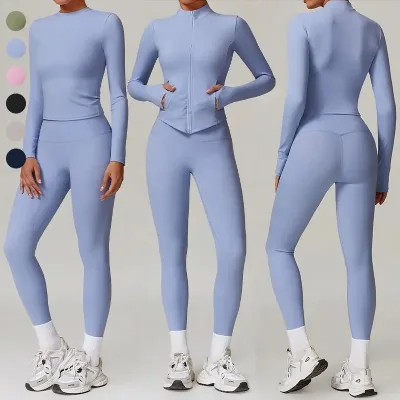 Hot Selling 3 Piece Solid Breathable Jacket Legging Set Women Workout Running Activewear High Quality Nude Feeling Athletic Yoga