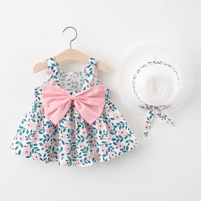 2021 Summer Small Floral Big Bow Straw Hat Skirt Girls Suspender Dress Send Hat