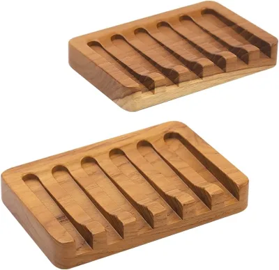 Hot Sale Wooden 2PCS Self Draining Soap Dishes Teak Wood Soap Holder Soap Saver for Shower Bathroom