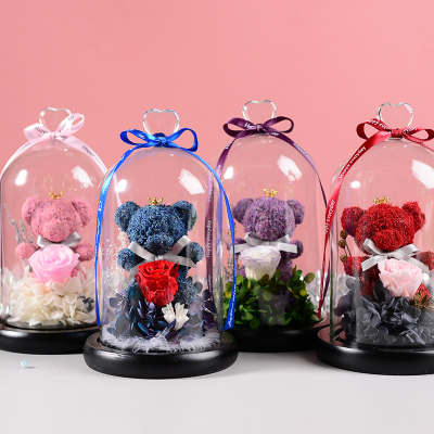 Wholesale Price Rose Bear  Preserved Roses in Glass Dome