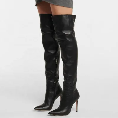 Pure Color Thin High Heels Pointed Toe Fashion Boots Long Thigh High Zipper Customized Big Size 48