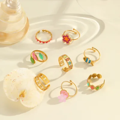 Fashion Stainless Steel 18k Gold Plated Waterproof Colorful Flowers Fish Oil Dripping Ring for Women Party Jewelry