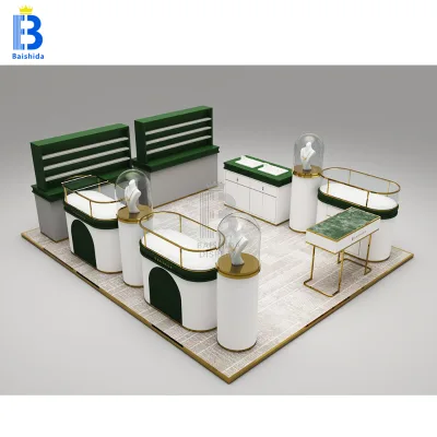 Green Jewellery Shop Full Fixture Set Golden Metal Frame Glass Display Counter Necklace Pendant Jewelry Display Furniture