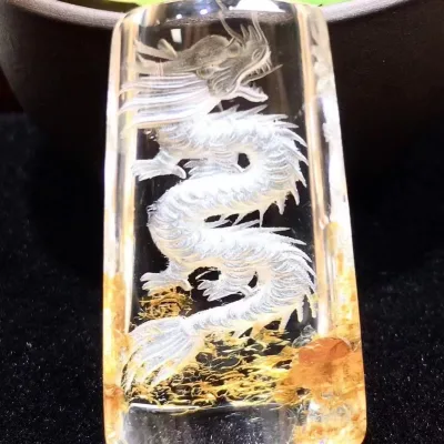 High-quality Natural Crystal Ghost Quartz Inner Carved Dragon Pendant