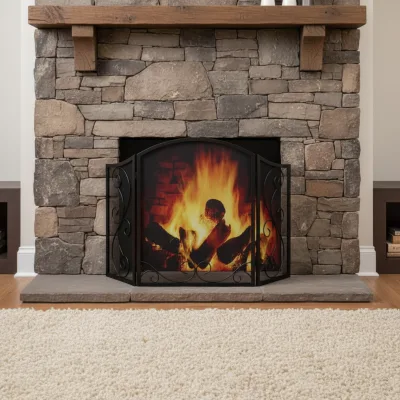 Iron Fireplace Screens 3 Panel Safety Mesh Decorative Indoor Outdoor Metal Fire Place Screen Fireplaces Sets