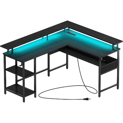 Factory Direct Computer Desk L Shaped with LED Strip & Power Outlets, Gaming Study Table