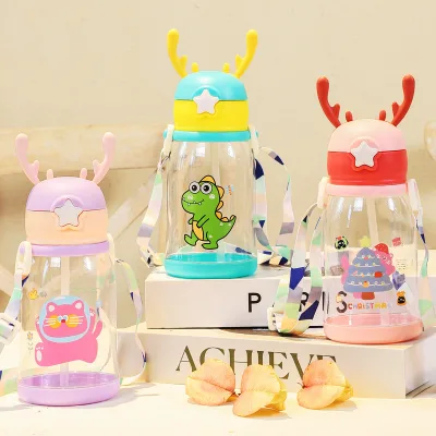 Portable BPA Free Leak-Proof Plastic Dragon Water Bottle Lid Straw Direct Drinking Minimalist Design 500ml/600ml Capacity Kids