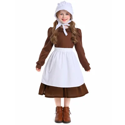 Pioneer Maid Costume Colonial Pilgrim Dress with Apron Bonnet Hat Historical Village Maid Halloween Book Week Game Costume