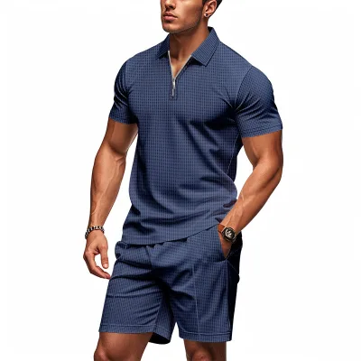 Fangxin Factory Summer Men's Zipper 2 Pieces Polo Shirt Set Casual Waffle Knit Shorts Set