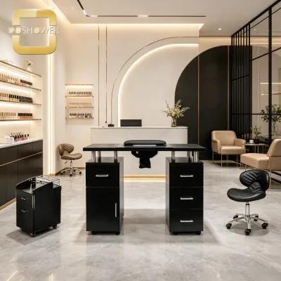 Mobile Nail Technician Workstation with Metal Support Columns and Multi Drawer Lockable Storage for Commercial Nail Studio