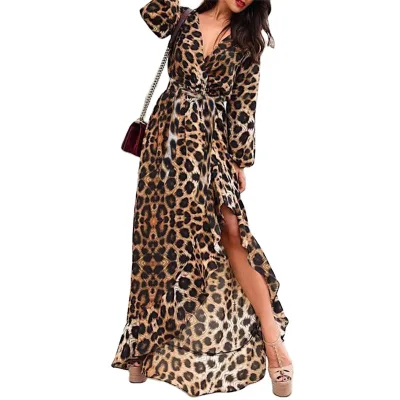 2023 Custom Made Maxi V-Neck Leopard Printed Sundress Casual Animal Print Dresses for Women