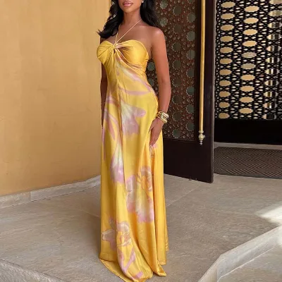 New Design Women Sexy Fashion Print Halter Maxi Dress