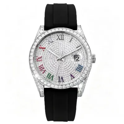 Moissanite Diamond Watch Luxury Half Iced Watch Mechanical Movement Band Width Hip Hop Style Black Rubber Belt for Men and Women