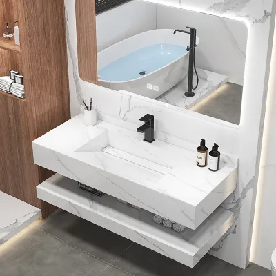 Modern Polished Double Floating Marble Solid Surface Wall-Mounted Rectangular Washbasin Drainer Easy Clean Hotel Bathroom Sink