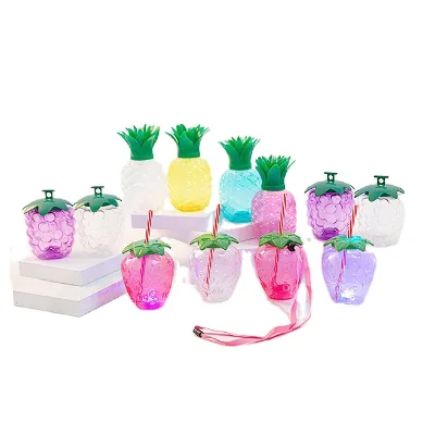 Instagram-style Cartoon Fruit PET Pineapple Strawberry-shaped Straw Cup for Children's Day Milk Tea & Water