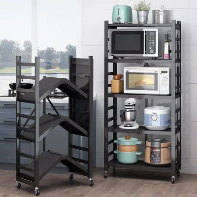 5 Tier Foldable Metal Kitchen Storage Rack With Wheels No Assembly Standing Shelf
