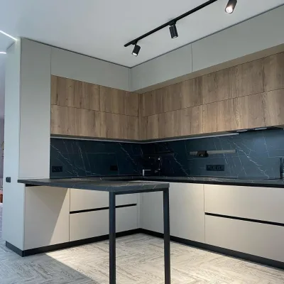 Stylish Modular Kitchen Cabinet Wooden Wall Cabinet Handleless Drawer Base Custom Metal Leg Kitchen Island with Glass and Faucet