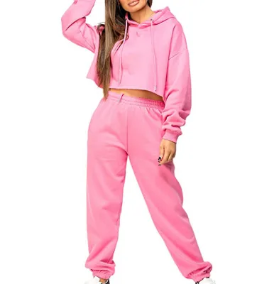 Pink Color Cotton Long Sleeve Crop Top Women Fleece Hoodie for Casual Street Wear Crop Hoodies