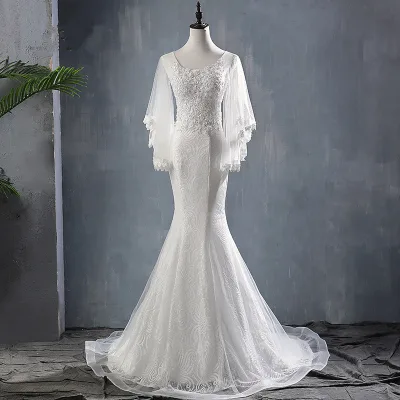 Hot Sale Top Grade Beach Lace Mermaid Wedding Dress Appliqued Batwing Sleeve Fish Tail Bridal Gown