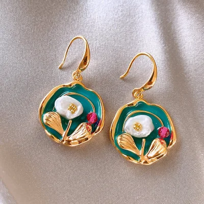 Vintage French Palace Green Enamel Drop Earrings White Resin Flower Red Crystal Dangle Stud Earrings
