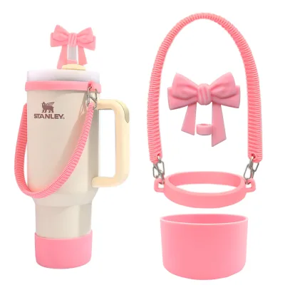 Silicone 4 Piece Tumbler Cup Accessories Sleeve Boot Handle Strap Bow Straw Topper Cap Set for 40oz Stanley Tumbler Accessory