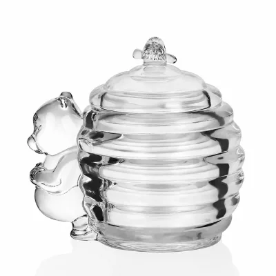 Beehive Shape Glass Honey Pot with Bear Handle Chinese Style Microwave Safe See Through Novelty Candy Jar for Kitchen Gift