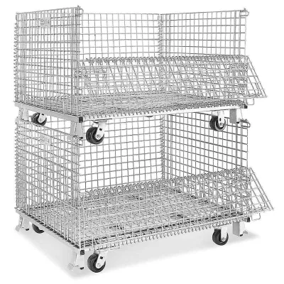 Mobile Storage Cage Wheels Heavy Duty Galvanized Wire Mesh Container Removable Casters Foldable Forklift Compatible for Workshop