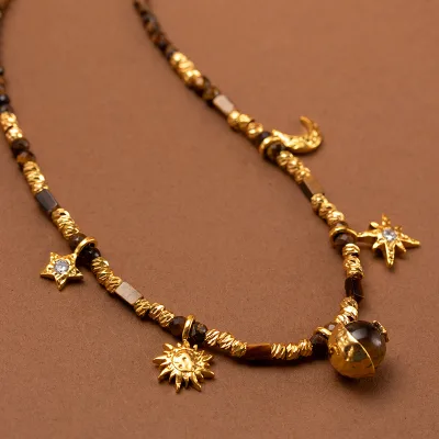 Hot Sale 18K Gold Plated Copper Sun Moon Star Pendant Necklace Natural Tiger Eye Stone Beaded Chain 52cm Vintage Bohemian