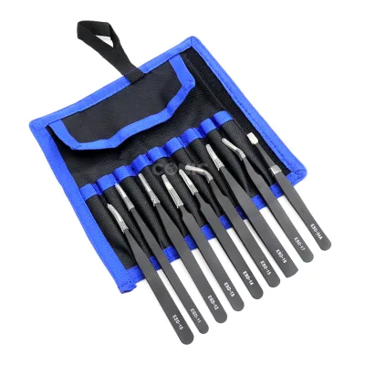 Acid Heat Resistant Stainless Steel 9PCS ESD Precision Tweezers Set Variety Tips for Electronics Soldering Laboratory Work