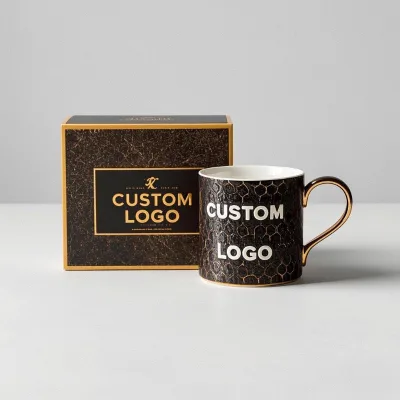 OEM Custom Logo Printed Black Advertising Promotional Gold Gilding Ceramic Drinkwares Coffee Mug Cup