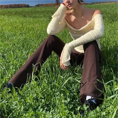 New Sexy Crop Tops Breathable Off-Shoulder Mesh Long Sleeve Solid Pleated Vest Bell Sleeve Sweet Casual Slim Fit Top