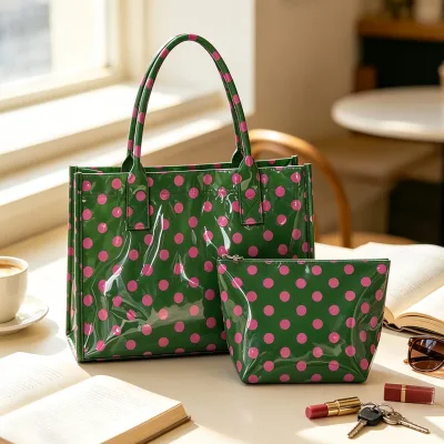 Summer Vintage Polka Dot Waterproof PVC Tote Beach Travel Handbag Large Capacity Durable Pool Shopping Grocery Bag Pvc Tote Bag