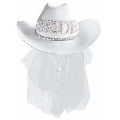 Pearl White Bride Veil with Striped Cowgirl Cowboy Hat Bachelorette Party Metallic Letter Wedding Accessories